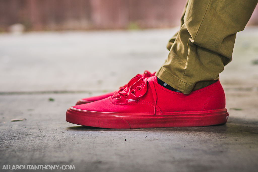red authentic vans on feet