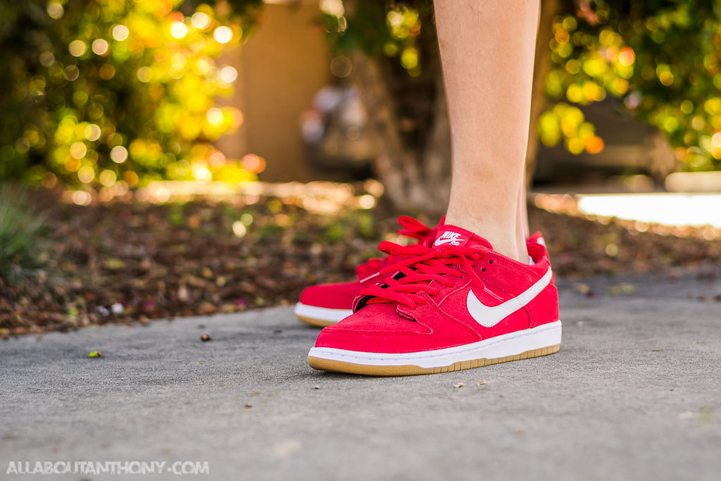 university red dunk low on feet